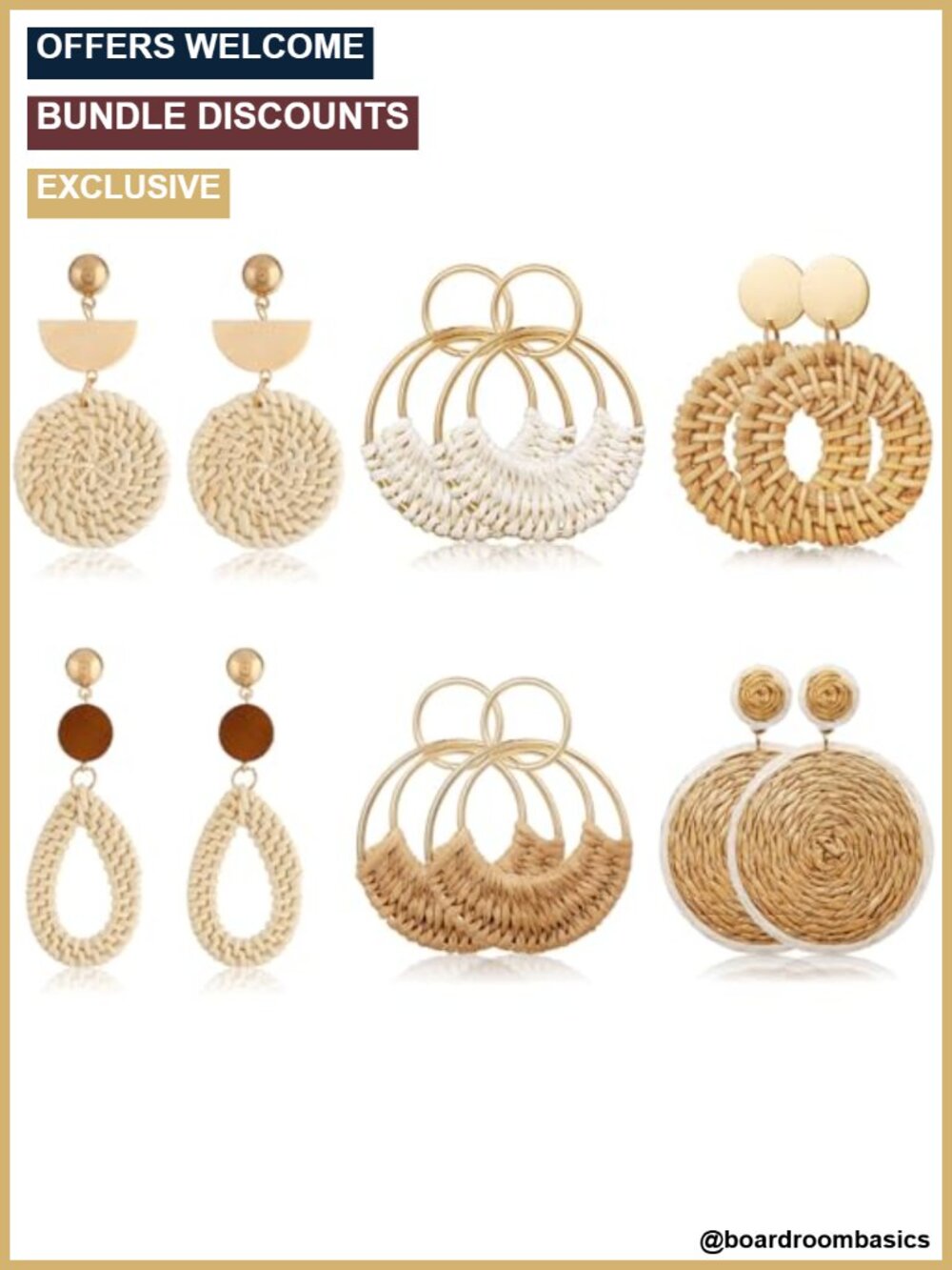 Handmade Rattan Wicker Teardrop Hoop Dangle Earrings Set Lightweight Boho